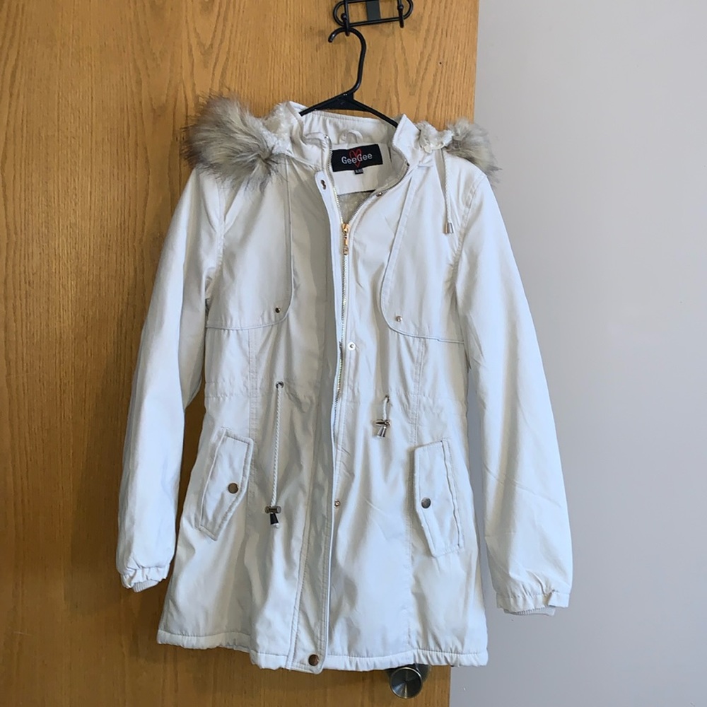 Cream coat with fur hood